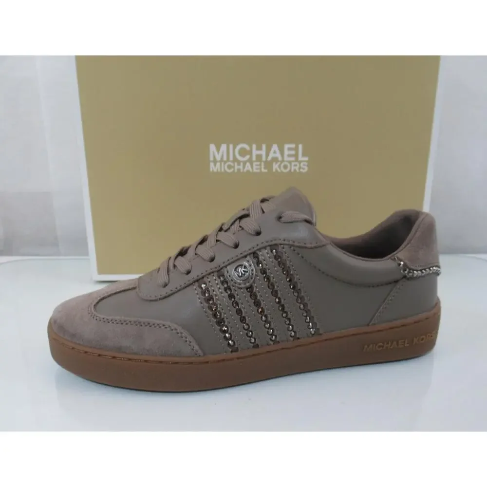 Michael Kors Scotty Lace Up Sneakers Rhinestone MK Leather Birch Brown